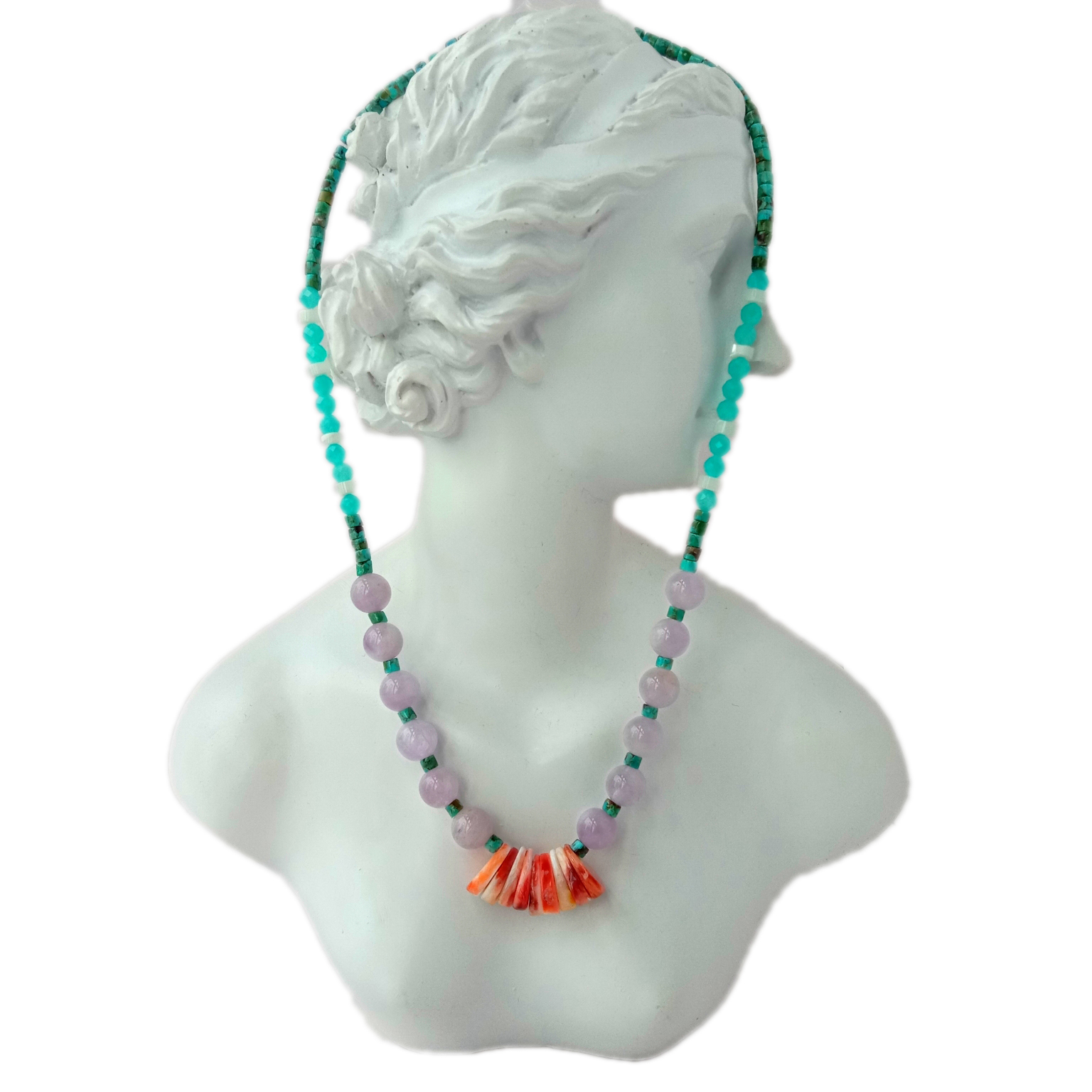 Oisrean spìosrach Turquoise nàdarra Amazonite Lavender mop Necklace innleadaireachd le làimh 14