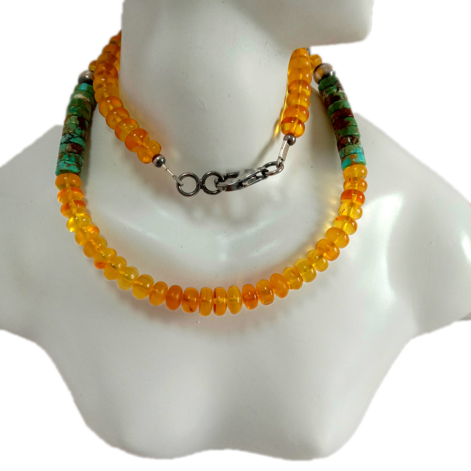 പ്രകൃതിദത്ത ടർക്കോയിസും ആമ്പർ മുത്തുകളും 925 സ്റ്റെർലിംഗ് സിൽവർ രത്നക്കല്ല് 16 ഇഞ്ച് നെക്ലേസ് 14