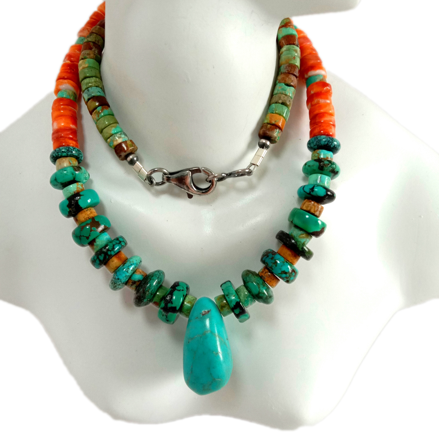 Natural nga Turquoise ug spiny beads16inch 925 Sterling Silver Gemstone Necklace 15