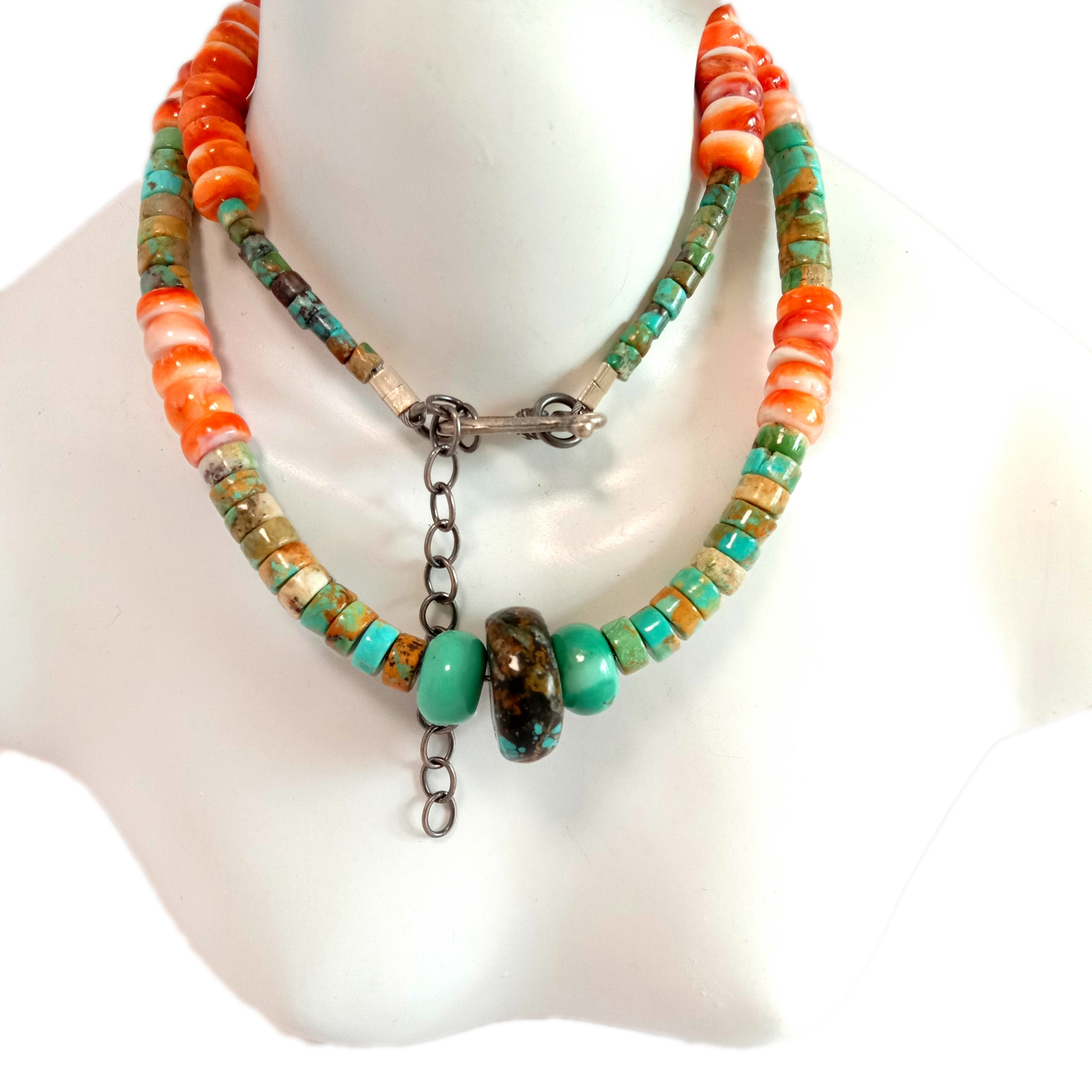 100% Natural Turquoise ndi Spiny 925 Sterling Silver Gemstone Beads Necklace 15