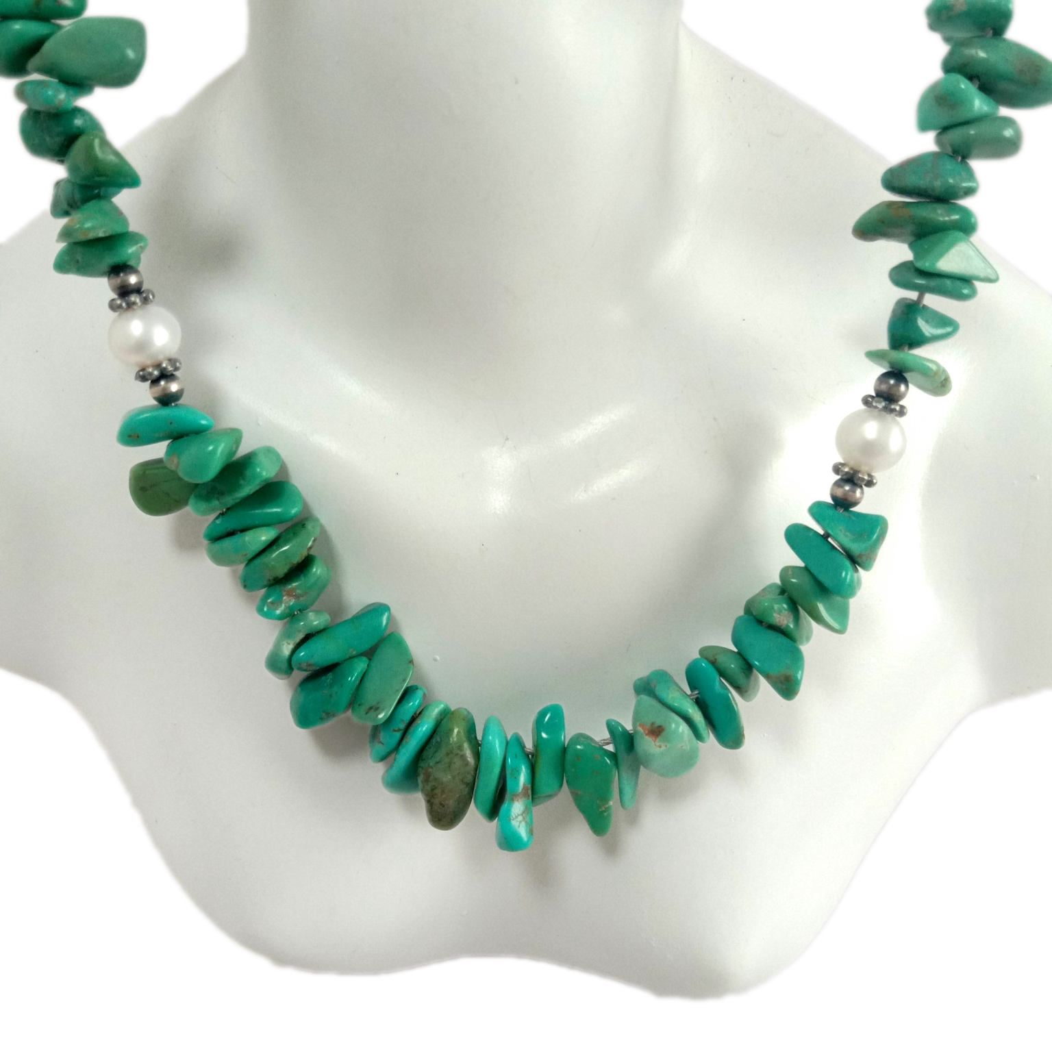 ສາຍຄໍສະໄຕລ໌ອາເມລິກາ ເງິນແທ້ Turquoise mop pearl 925 Sterling 14