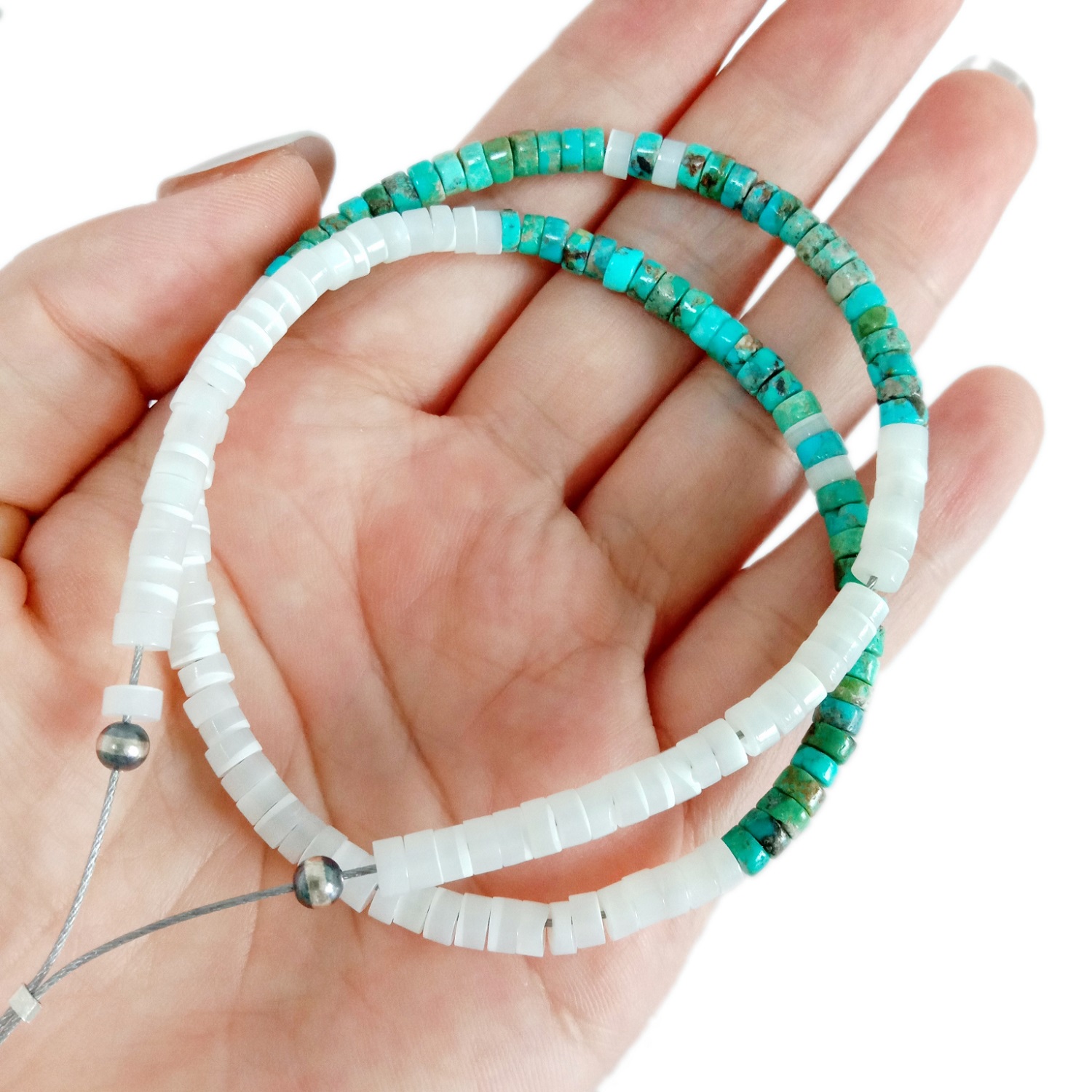 Natural blue Turquoise white mop 925 Sterling Silver Necklace 13