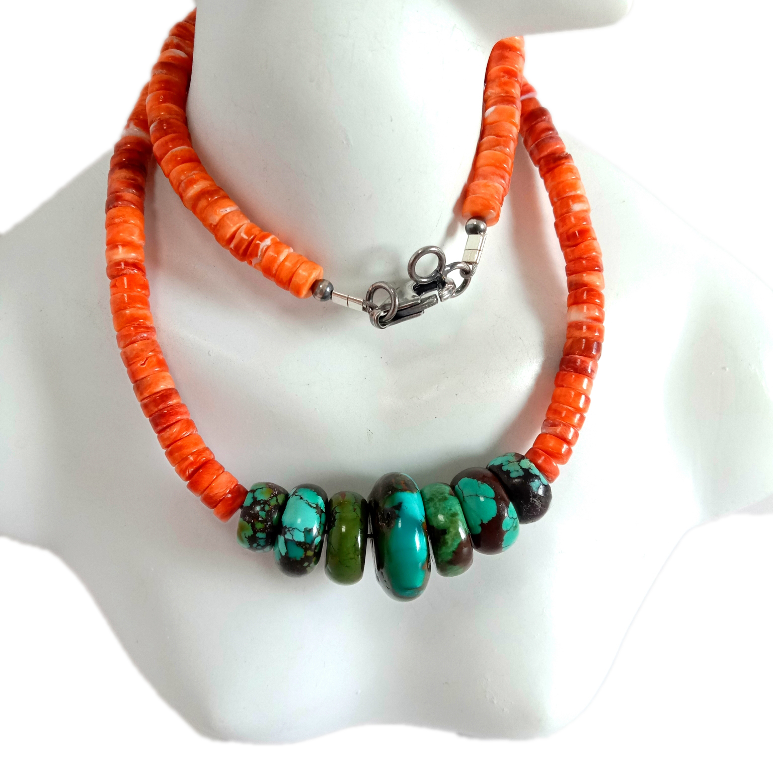 Oyster Spiny Spiny Oyster Nàdarra Turquoise agus Necklace Airgid Sterling Spineach 925 15