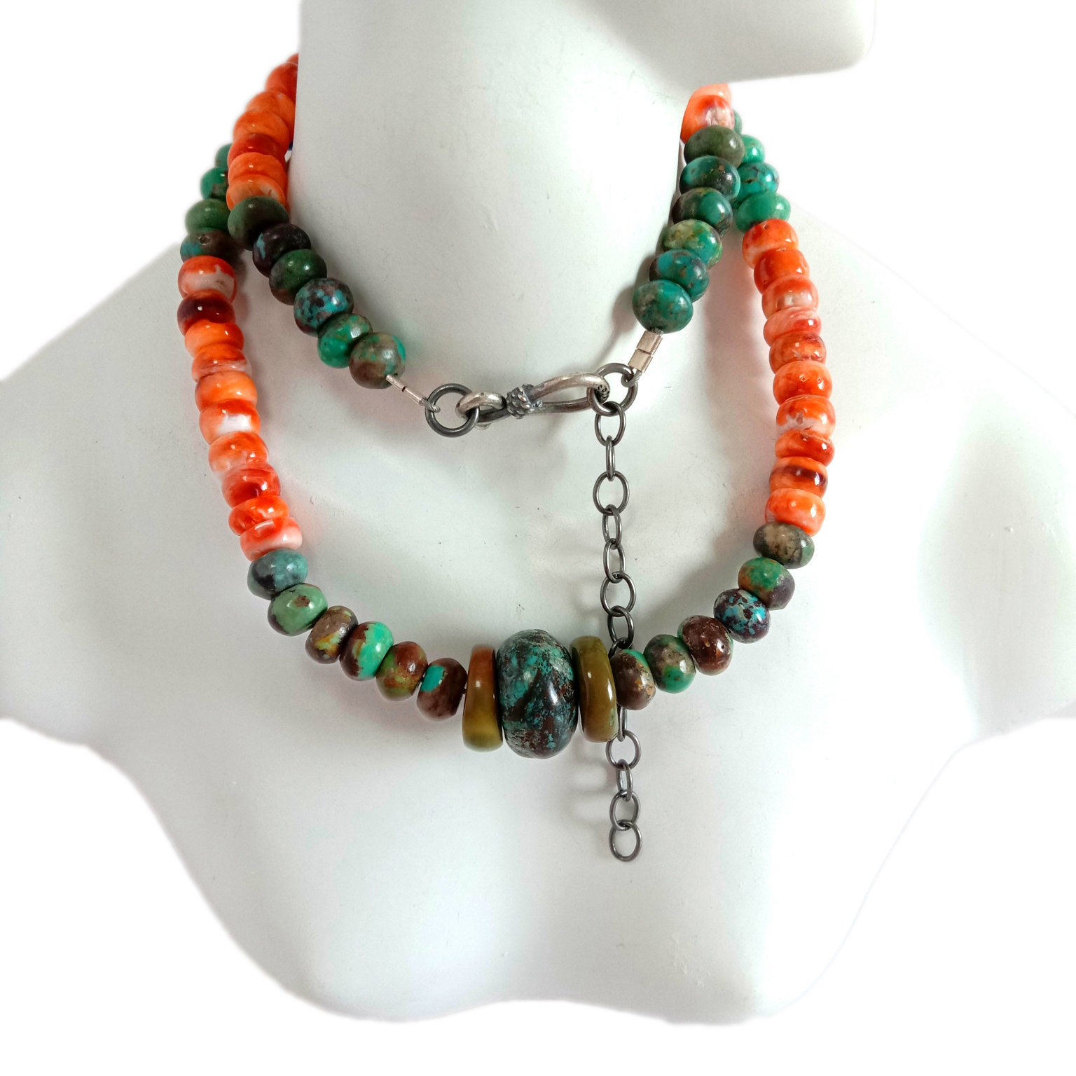 925 Ayar Gümüş Əllə Toxunmuş Spiny Oyster Təbii Firuzəyi və Tikkili Muncuqlu Boyunbağı 15