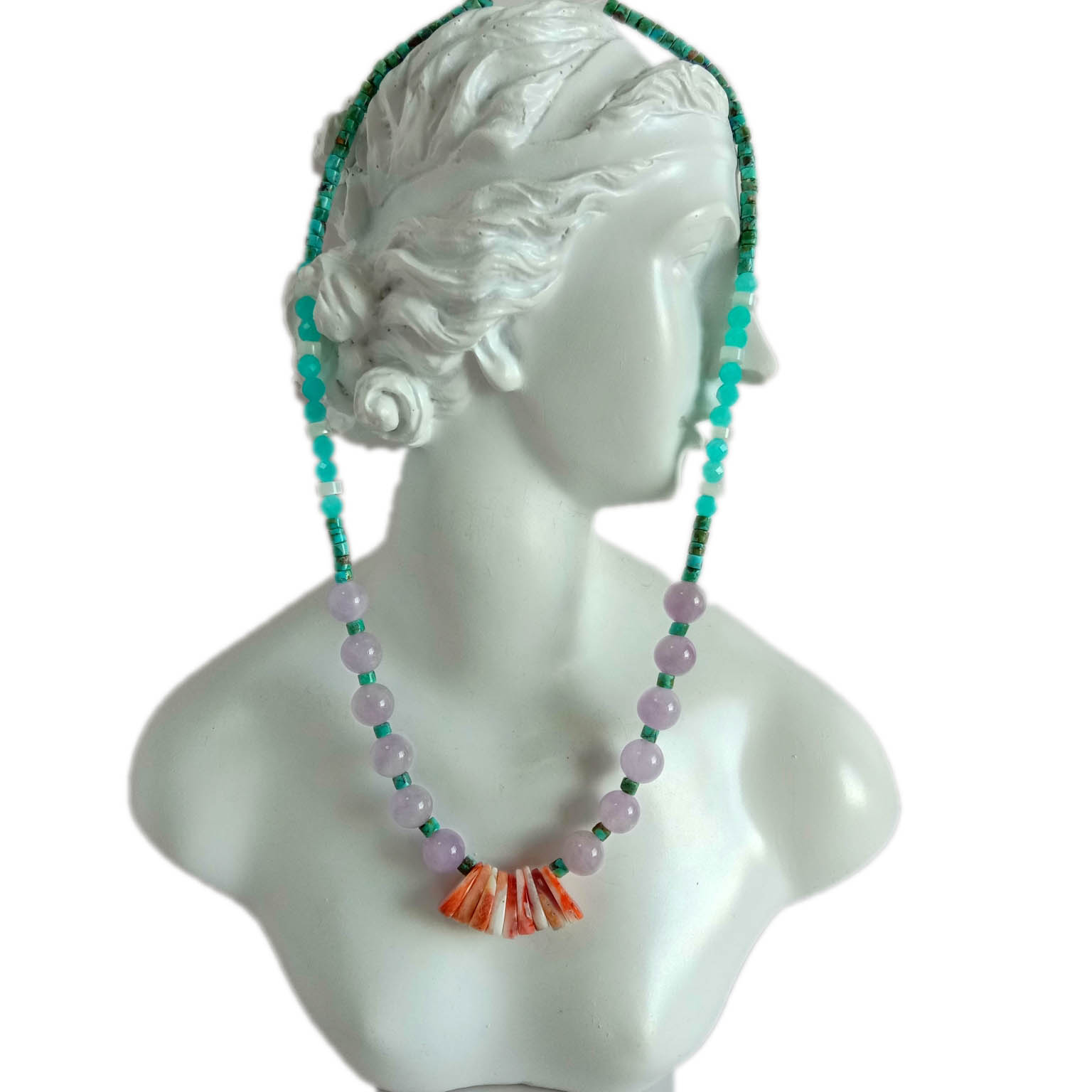 ຜ້າປູຮູບໄຂ່ມຸກທຳມະຊາດ Amazonite spiny ແລະ Lavender 925 Sterling Silver Necklace 14