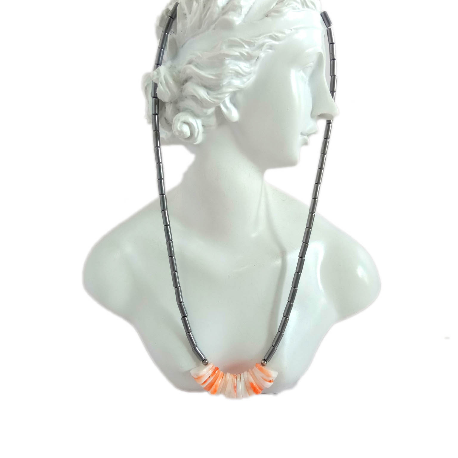 Handmade 925 Sterling Silver Natural  spiny oyster and hematite Necklace 15