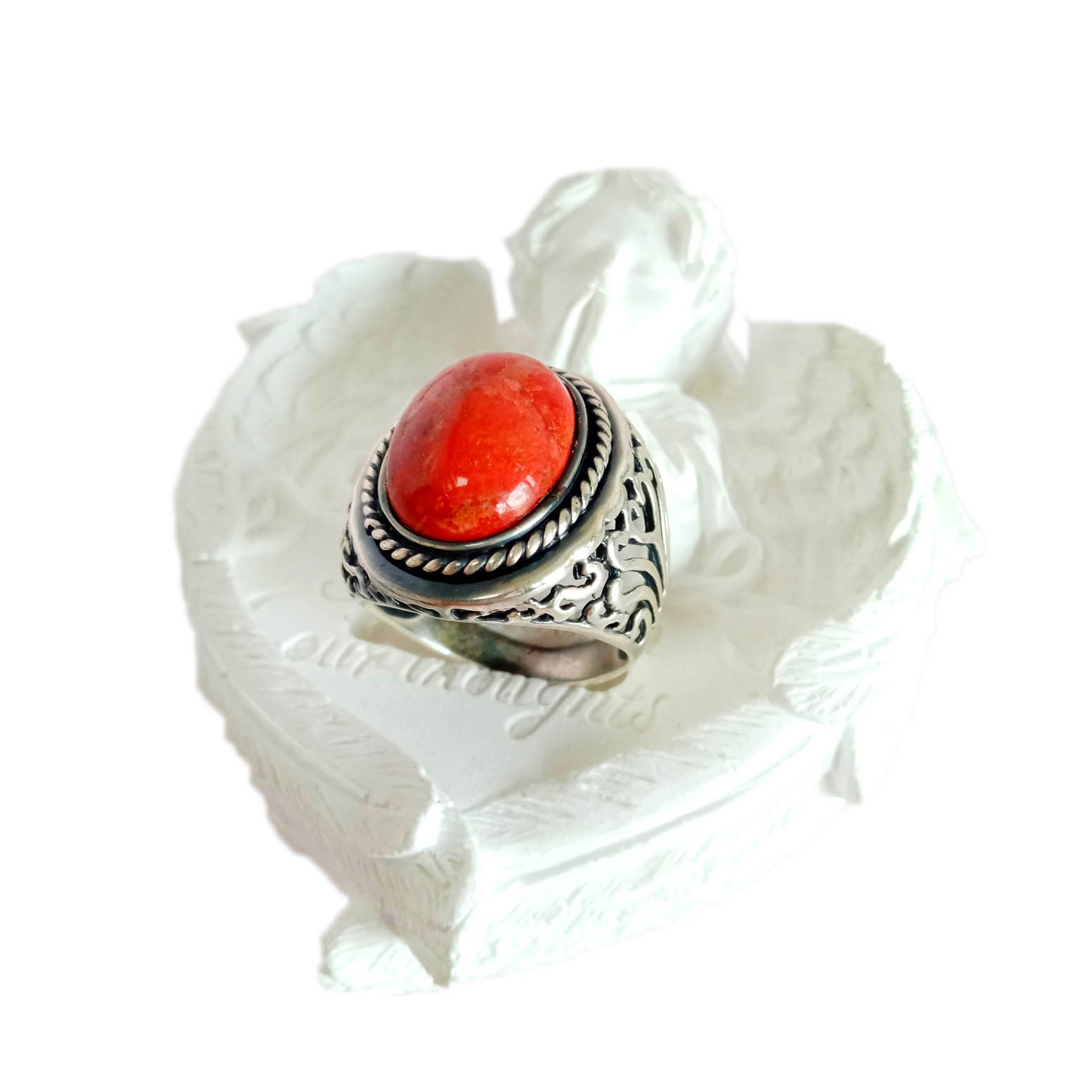 925 Sterling Srebro Prsten od crvenog koralja Impresivan prsten Ručno izrađen prsten 14
