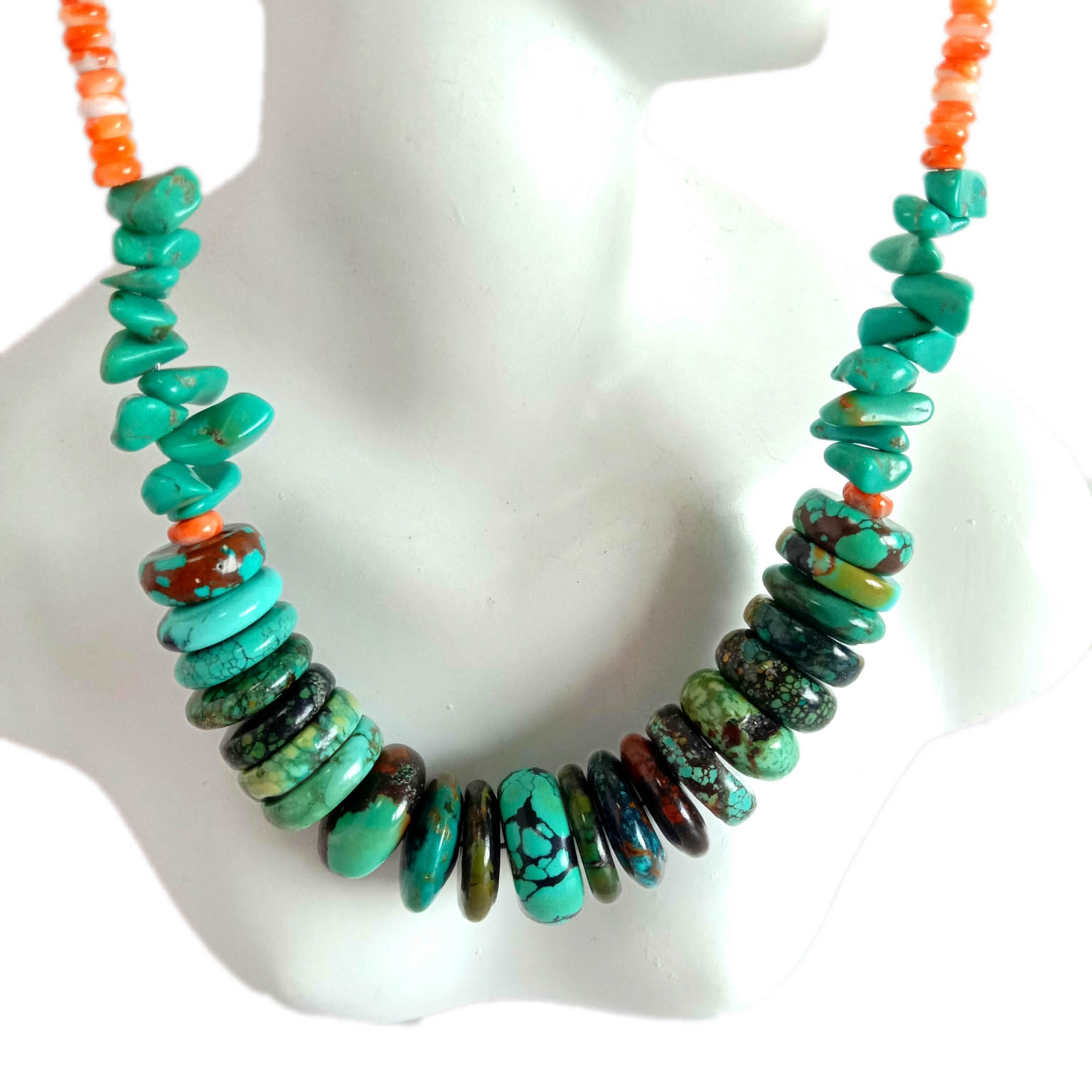 Ġebel naturali Turkważ u 4mm Oranġjo Spiny Oyster 925 Sterling Silver Necklace 15