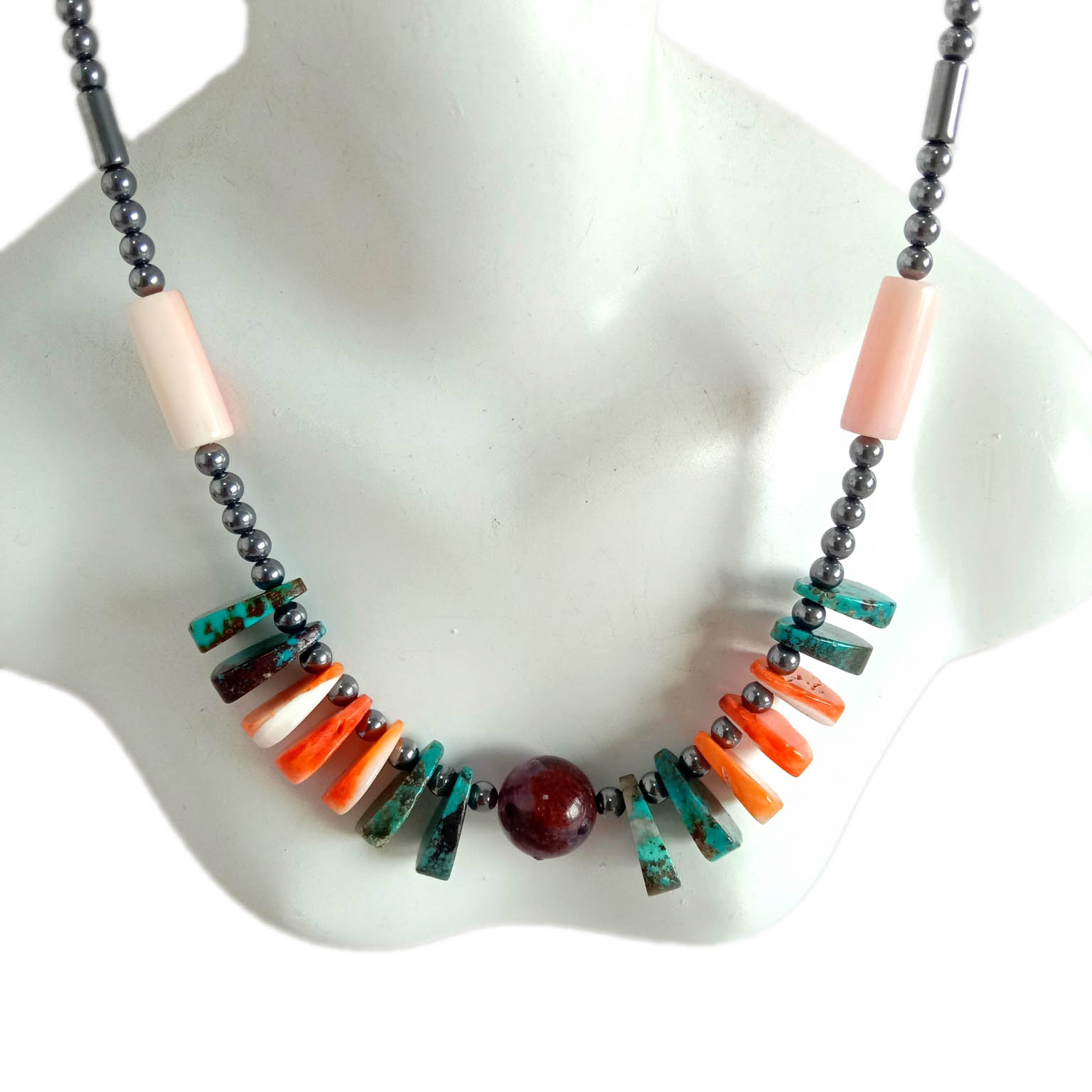 Kūlohelohe Turquoise hematite spiny oyster Ghost phantom quartz 925 Sterling Silver Lei 14