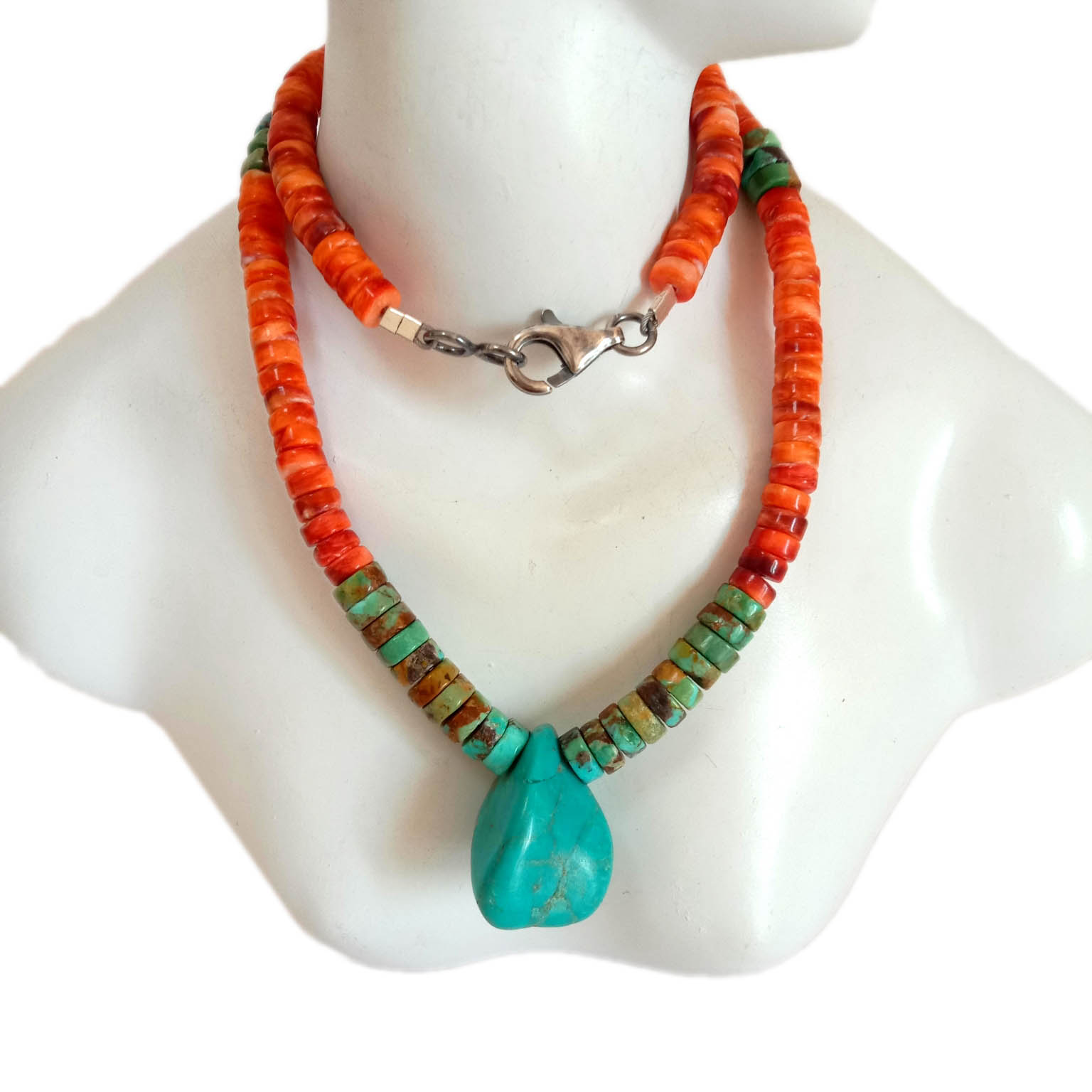 Handcraft jewelry Turquoise Spiny Oyster 925 Sterling Silver Necklace 15