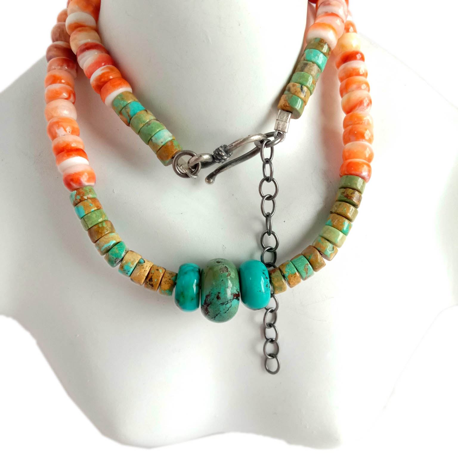 Natural gemstone Spiny Oyster and Turquoise 925 Sterling Silver Necklace 15