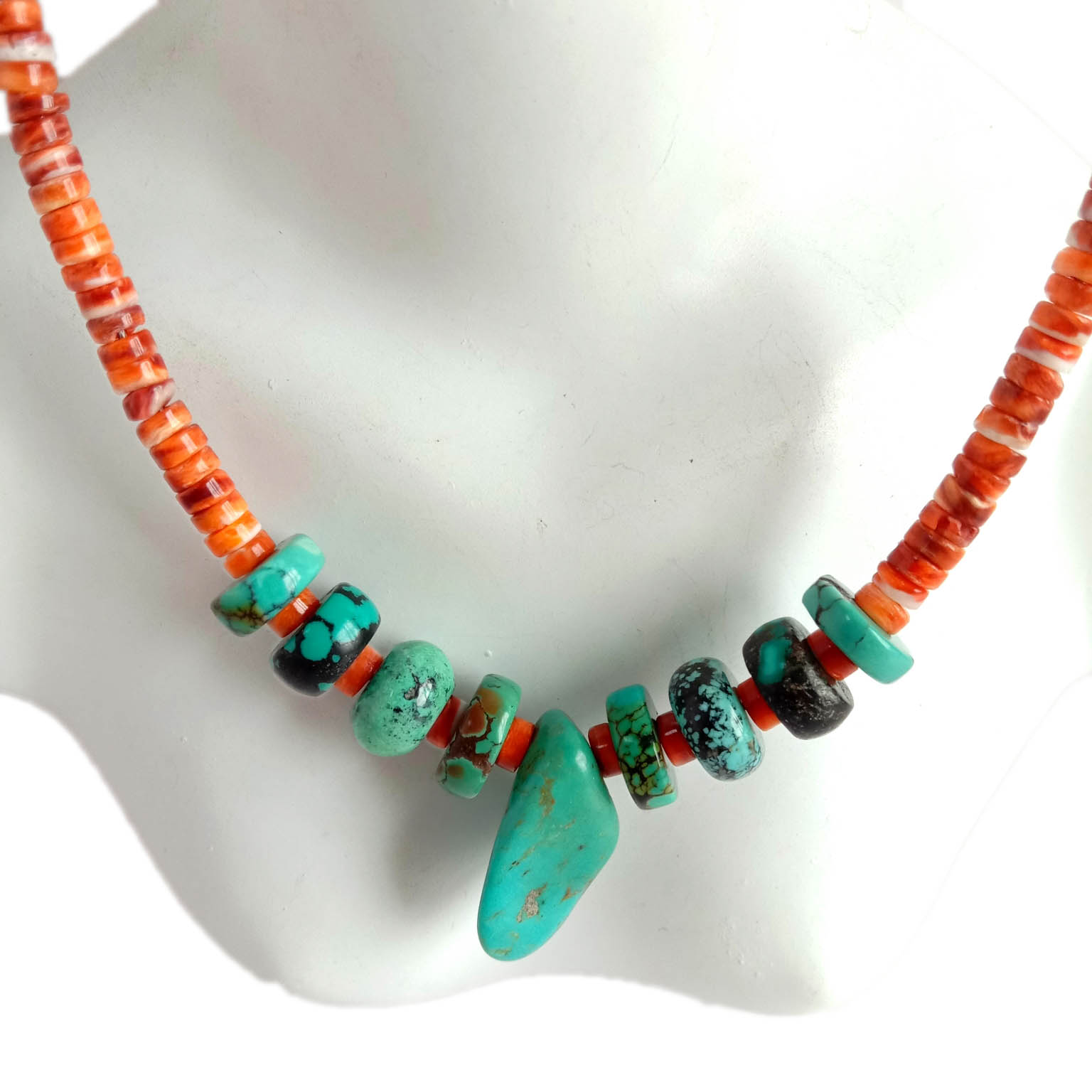 Kamot nga orange spiny oyster necklace blue turquoise beads nga karen hill tribe 15