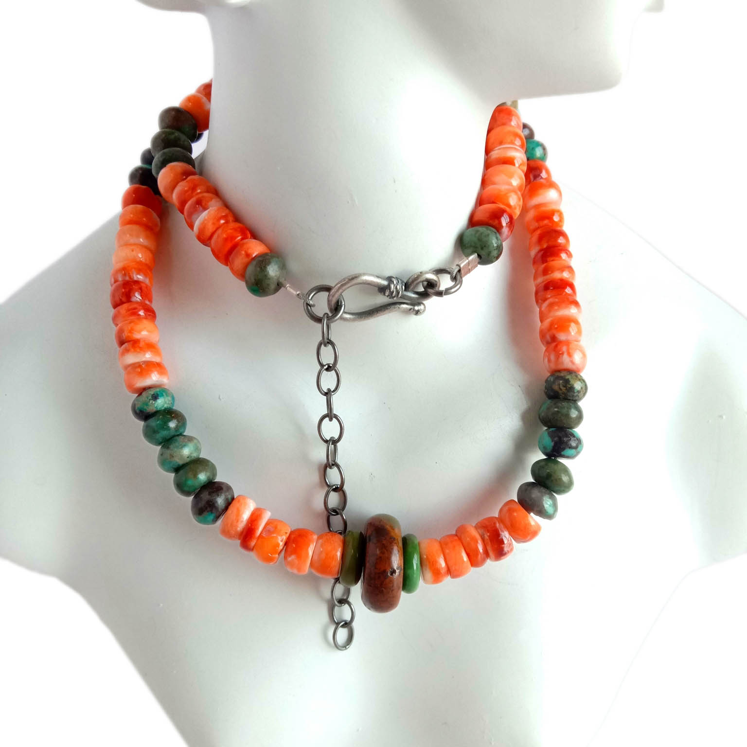 Mwclis Gwyrddlas Naturiol a Gleiniog pigog 925 Sterling Silver 15