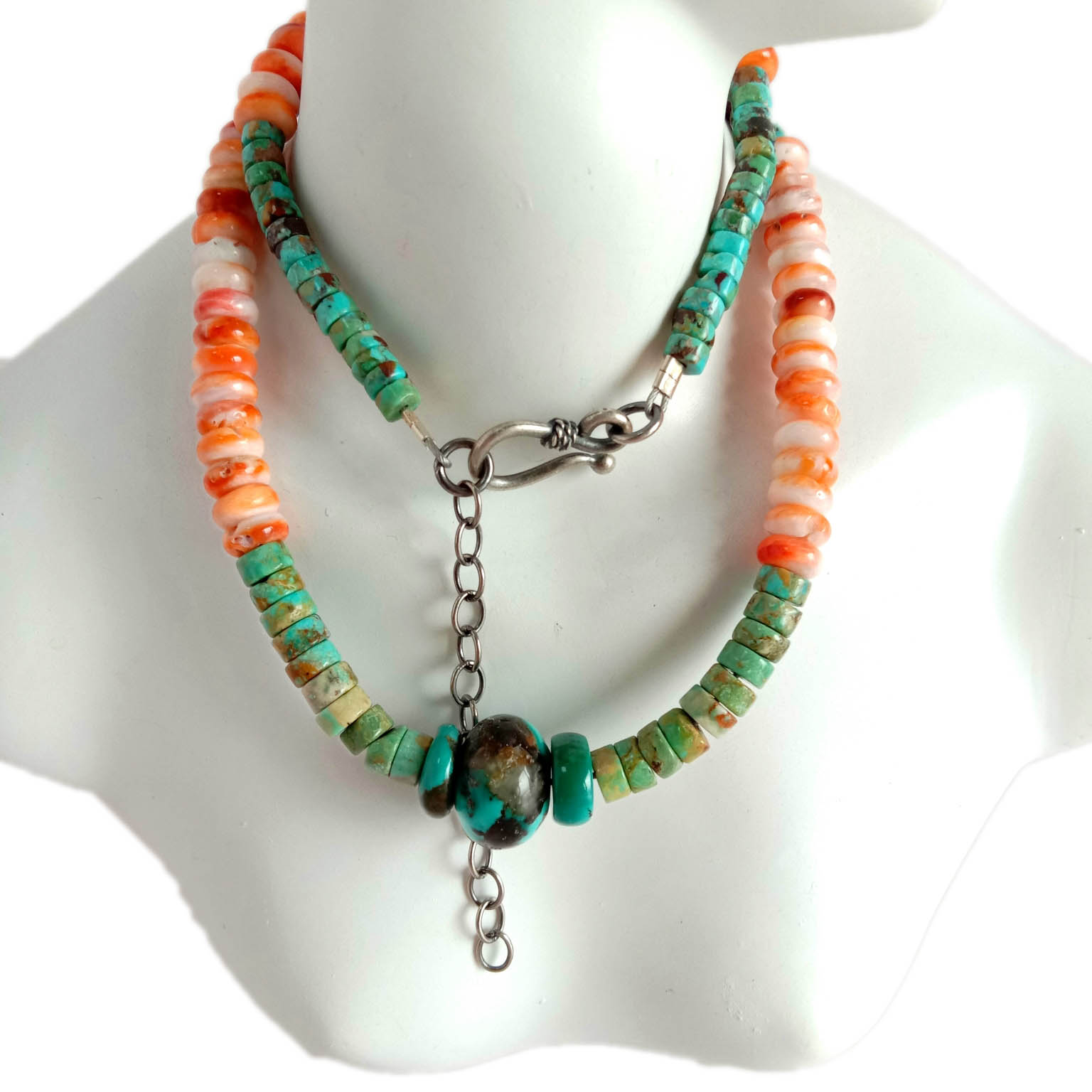 Turquoise Asli Perak 925 Sterling dengan Kalung Kulit Tiram Berduri 16 inci 15
