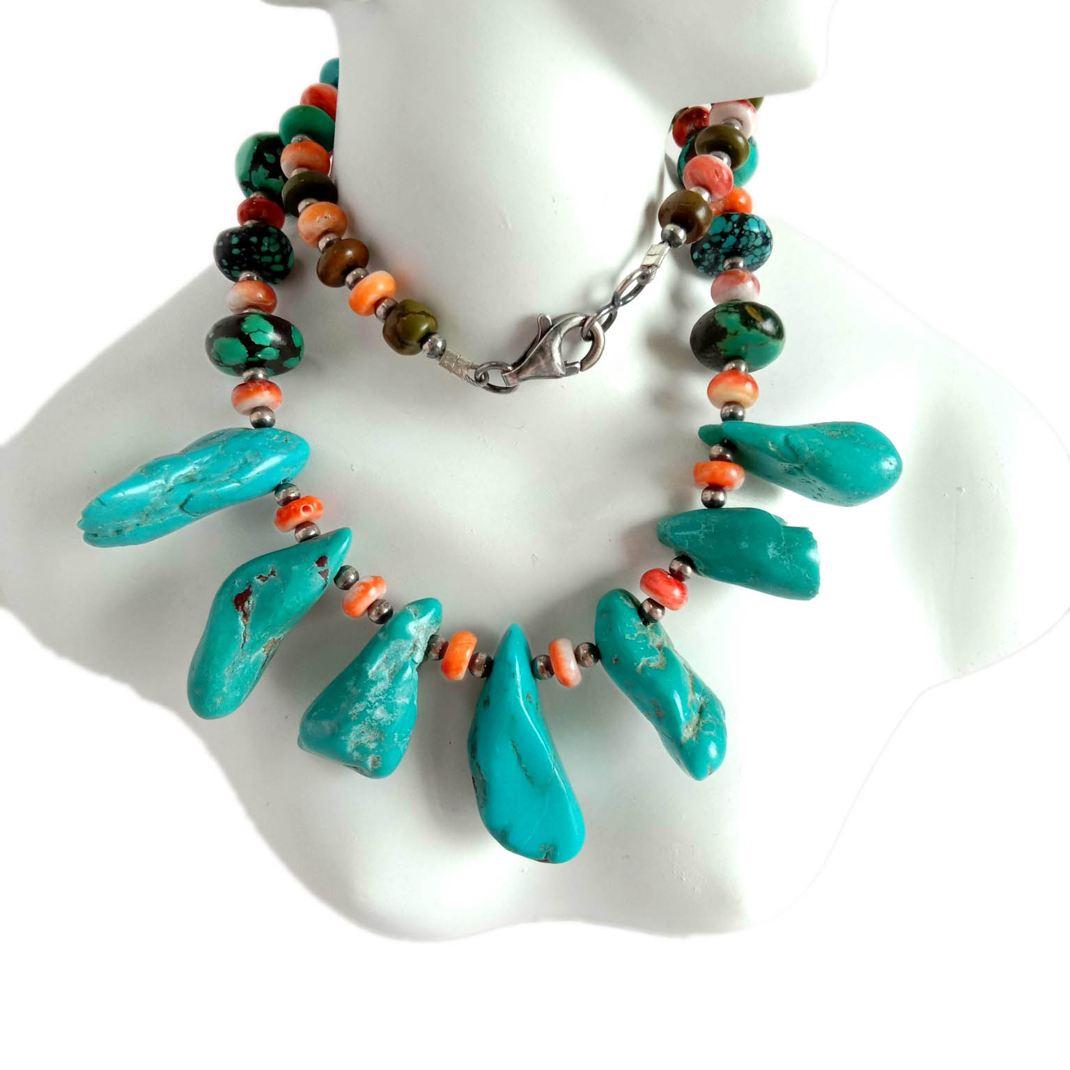 Native American 925 Sterling Gümüş Təbii Firuzəyi Spiny Oyster Boyunbağı 15