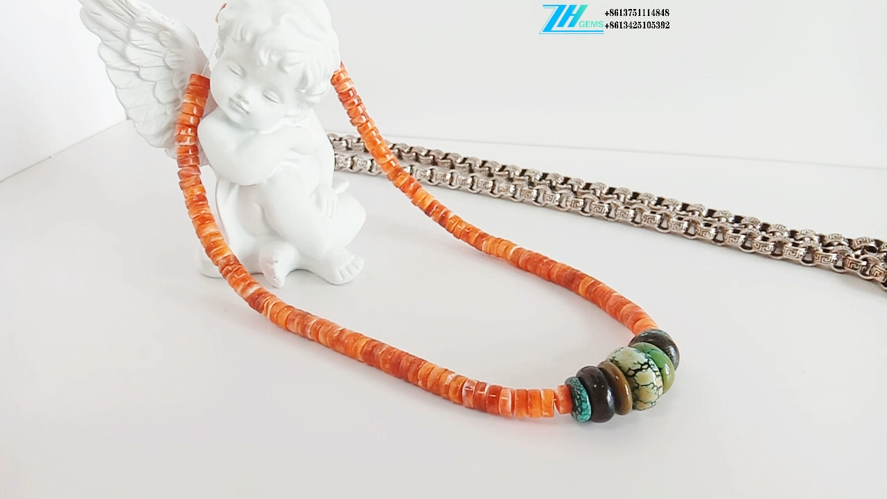 Natural Turquoise and spiny oyster shell bead Roundell shape 9