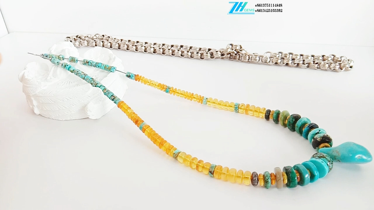 Natural Turquoise and amber Turquoise Charm necklace 9