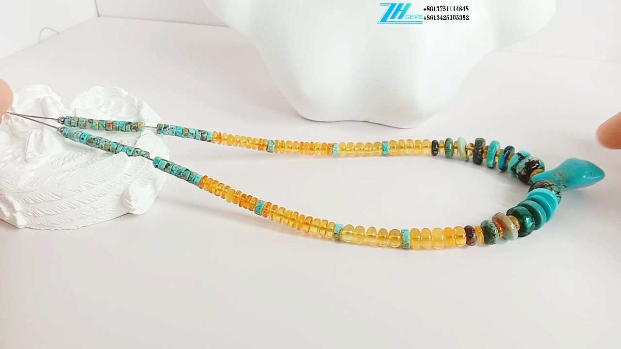 Təbii Firuzə və Kəhrəba İstək Boyunbağı Əl İşi Zərgərlik 9