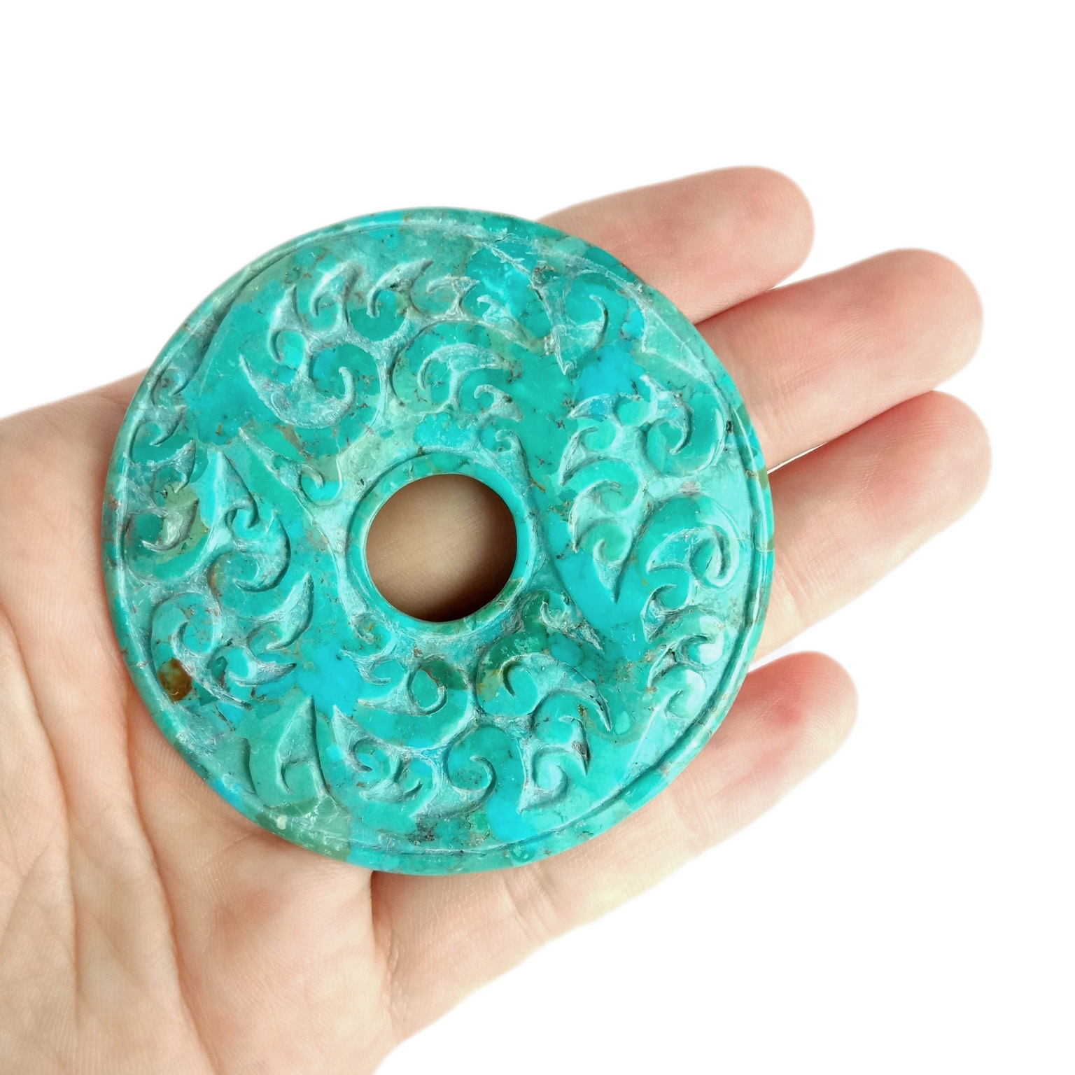 Nevjerojatan tirkizni izrezbareni labavi dragi kamen okruglog oblika od 59 mm, prirodni dragi kamen 15