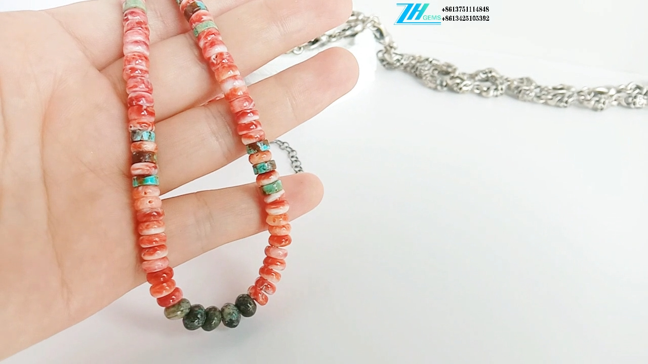 Natural 16 inches turquoise and Spiny Oyster 925 Sterling Silver necklace 14