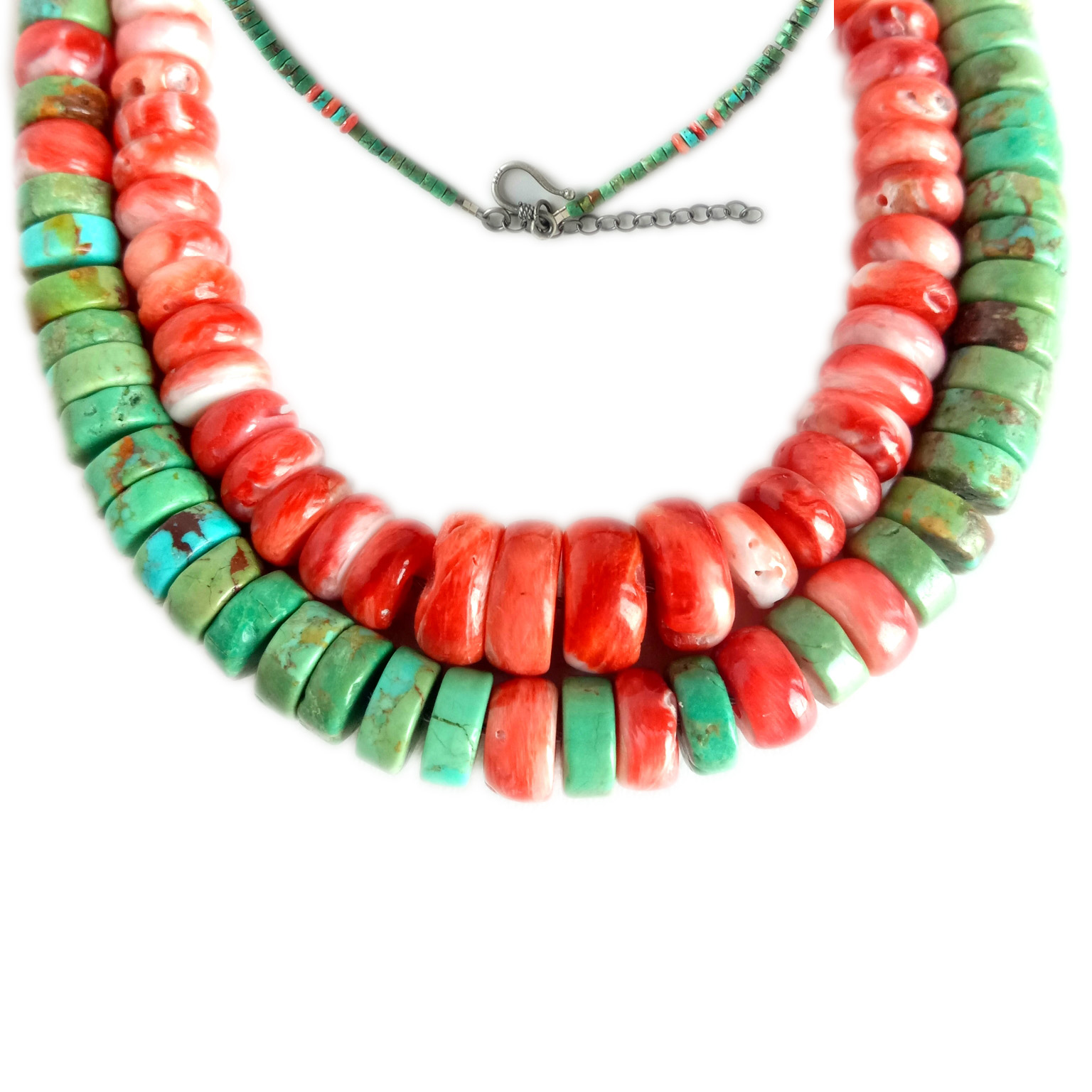 Natural Turquoise le Spiny Beads Necklace 925 Sterling Silver 15