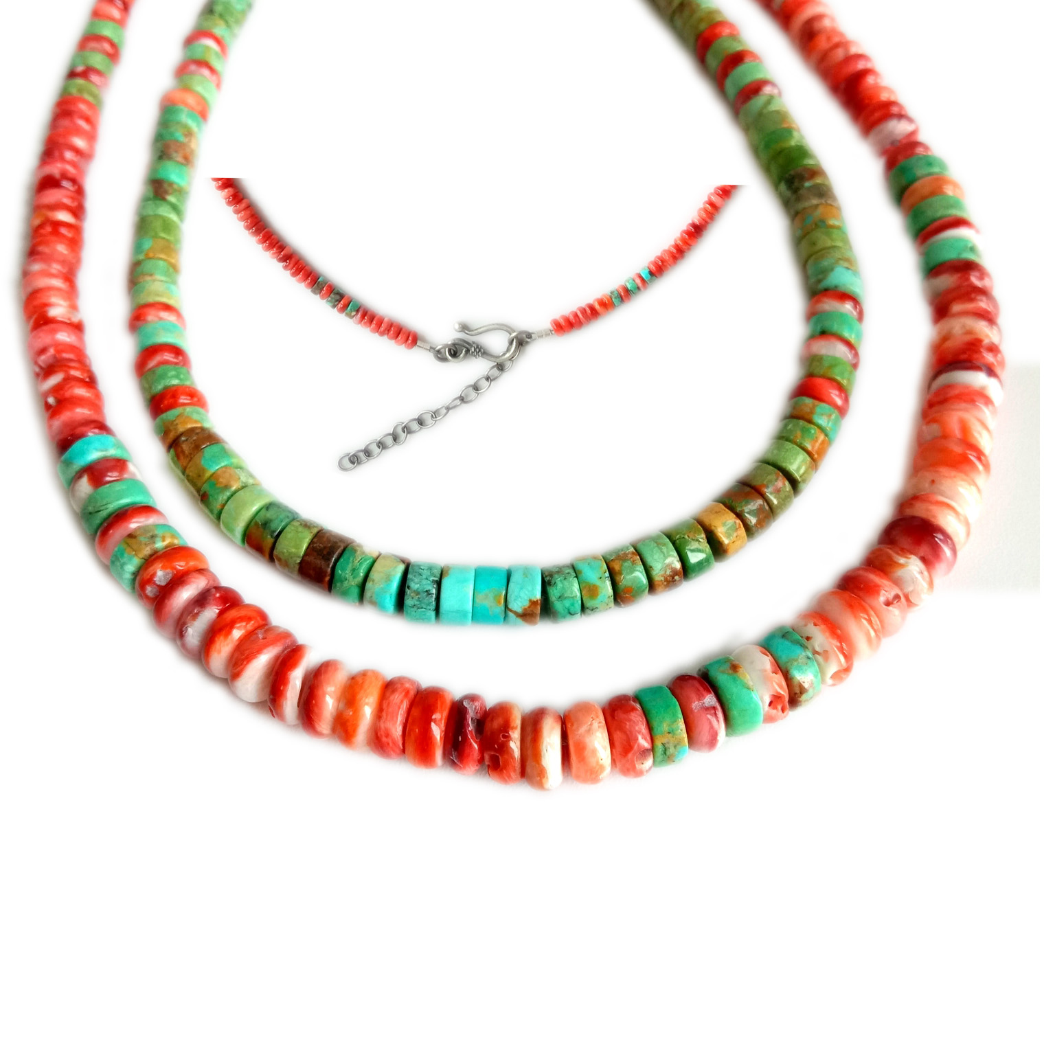 925 Sterling Silver Natural Turquoise le Red Spiy Beads Smooth Beads 16inch Necklace 15