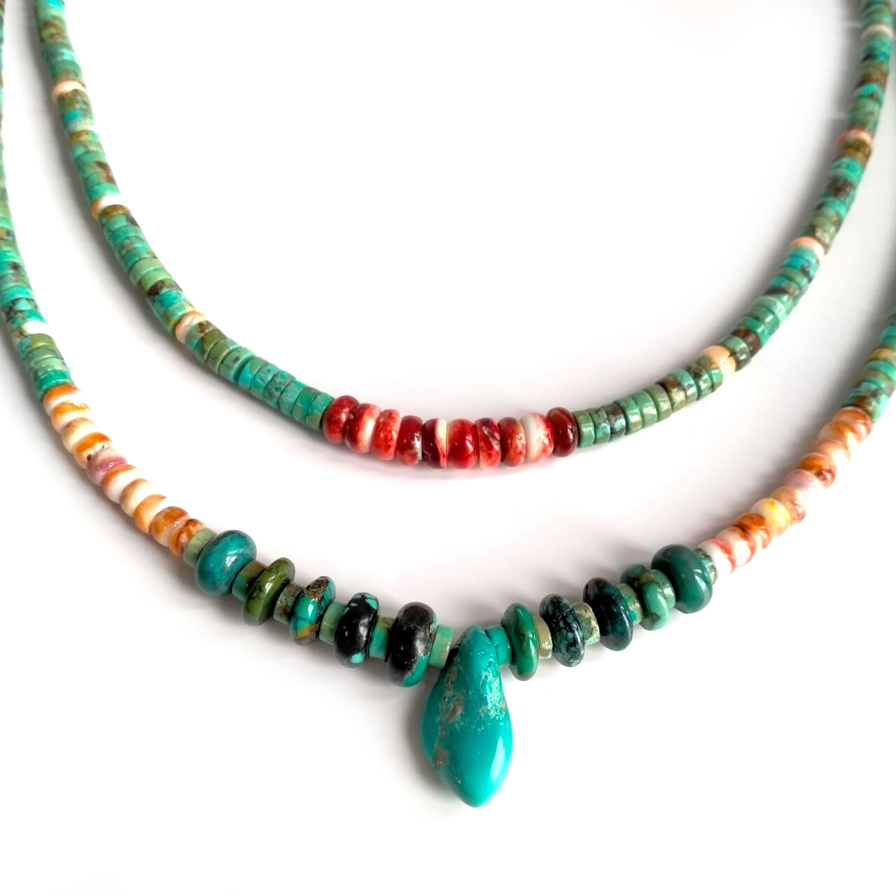 Nzuri ya Turquoise ya Asili& Spiny Oyster Heishi Mkufu 15