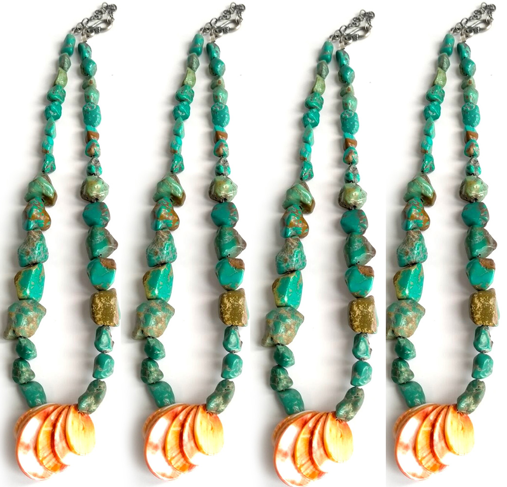 925 Sterling Silver Spiny Real Turquoise Cluster Necklace 15