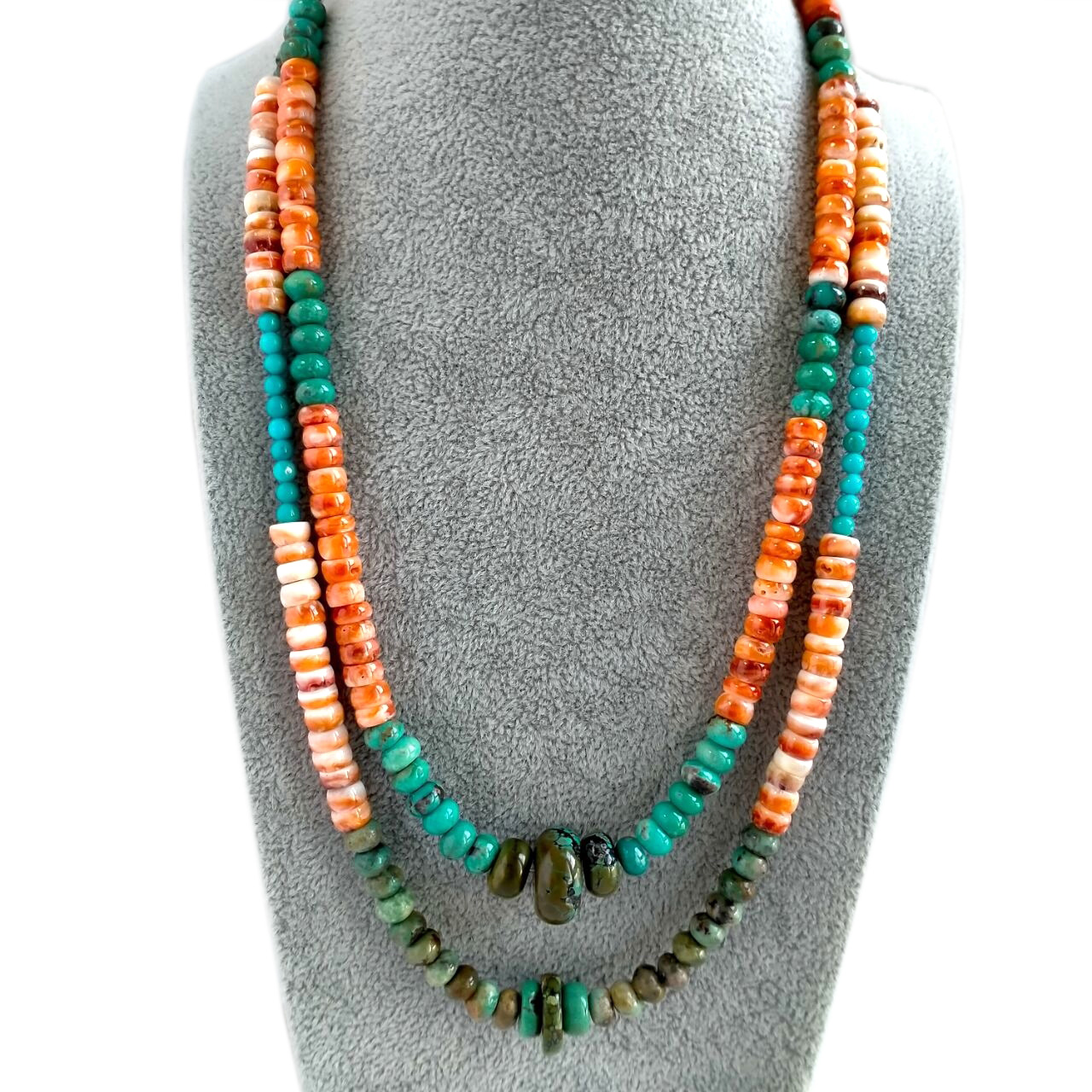 925 Sterling Silver Graduated Green Turquoise Spiny Oyster Bead Necklace 16 inch 15