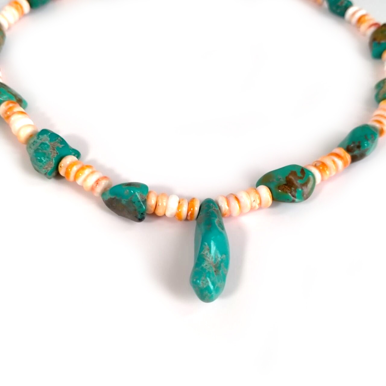 925 Sterling Silver Turquoise Nugget and Orange Spiny Oyster Beaded Necklace 16