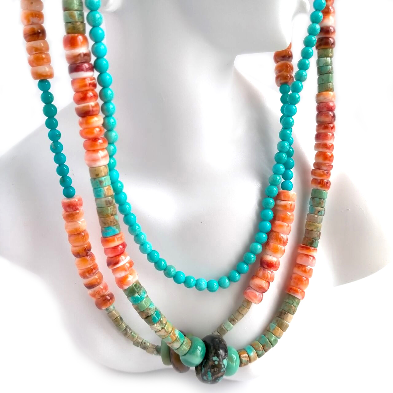 925 Sterling Silver Graduated Green Blue Turquoise Spiny Oyster Bead Necklace 15