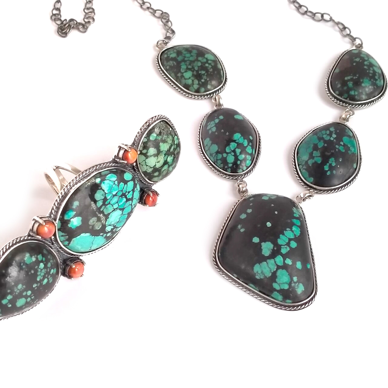 Cabs kubwa za asili za turquoise cabochon 925 sterling silver shanga choker 15