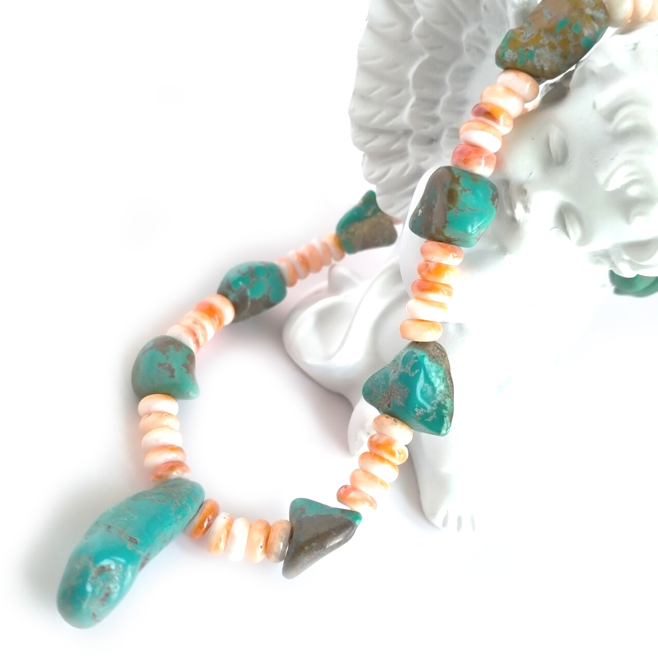 Natural Turquoise Nugget with Spiny Oyster Beaded Necklace 15