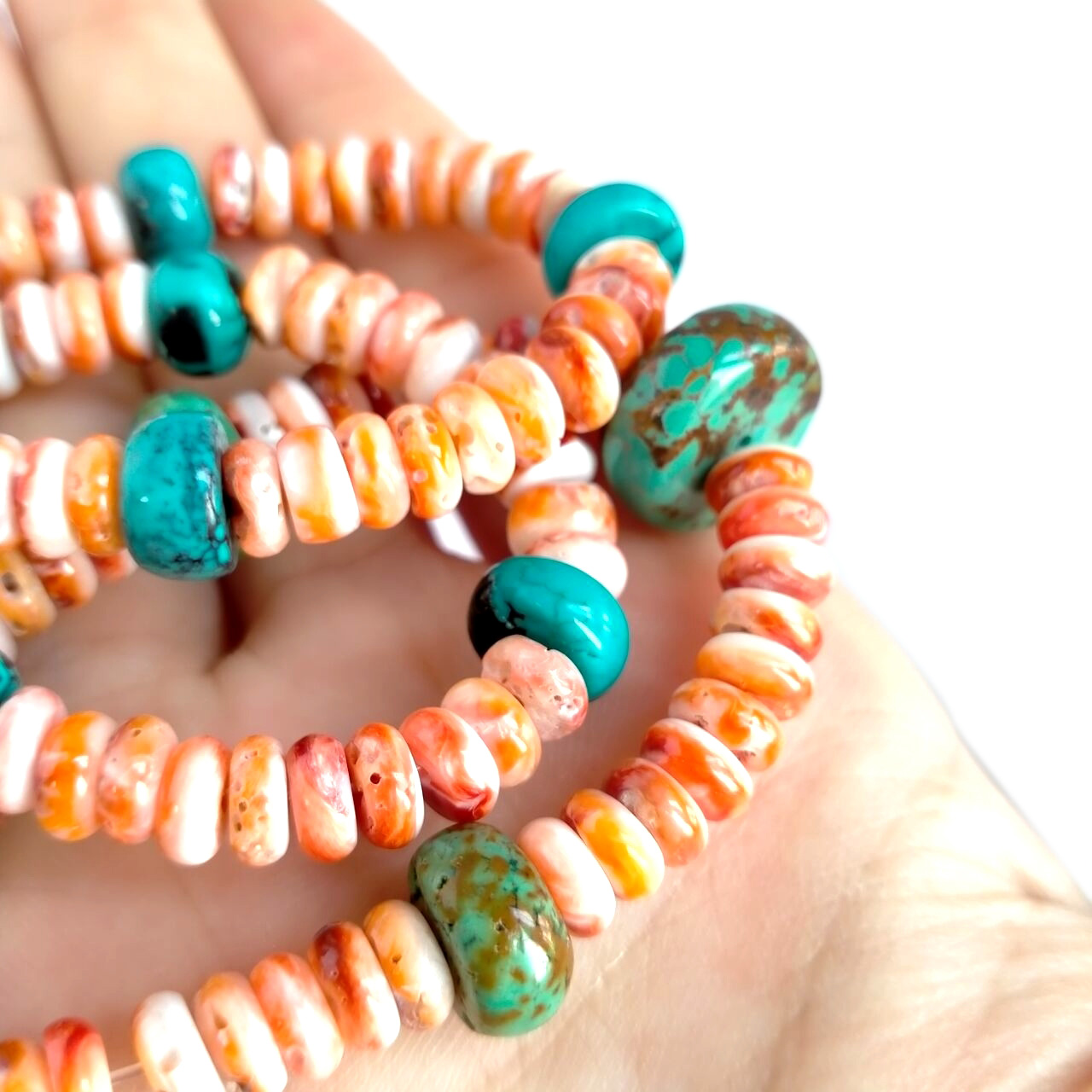 ខ្សែក Turquoise និង Spiny Oyster Shell Copper 925 Sterling Jewelry Set 16