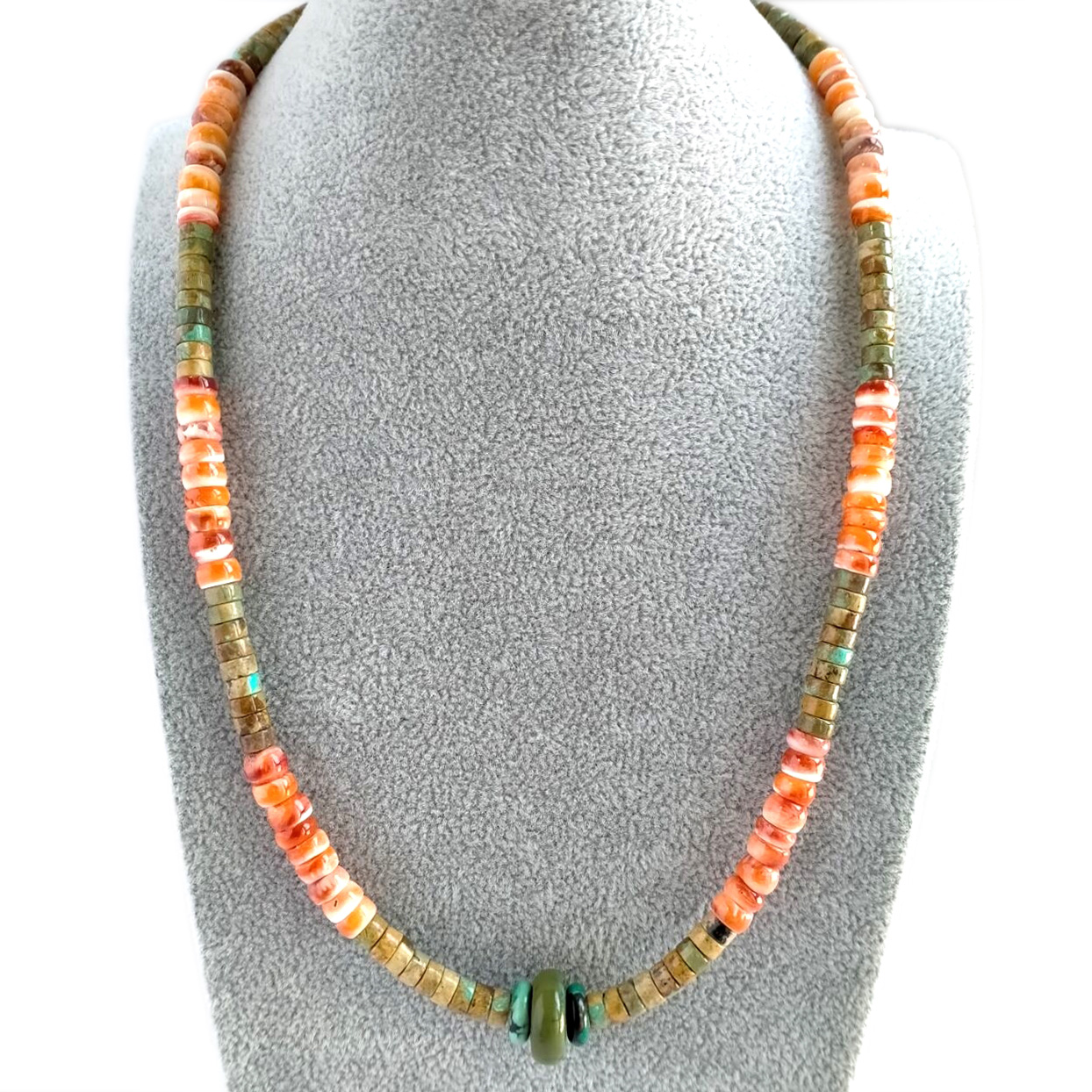 Spiny Oyster Shell with Turquoise Heishi necklace sterling silver 15