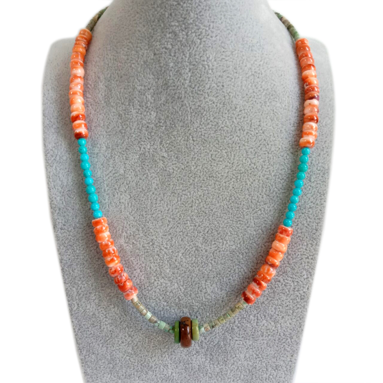 Vintage Natural Graduated Turquoise Disc Bead Spiny Oyster Necklace 15