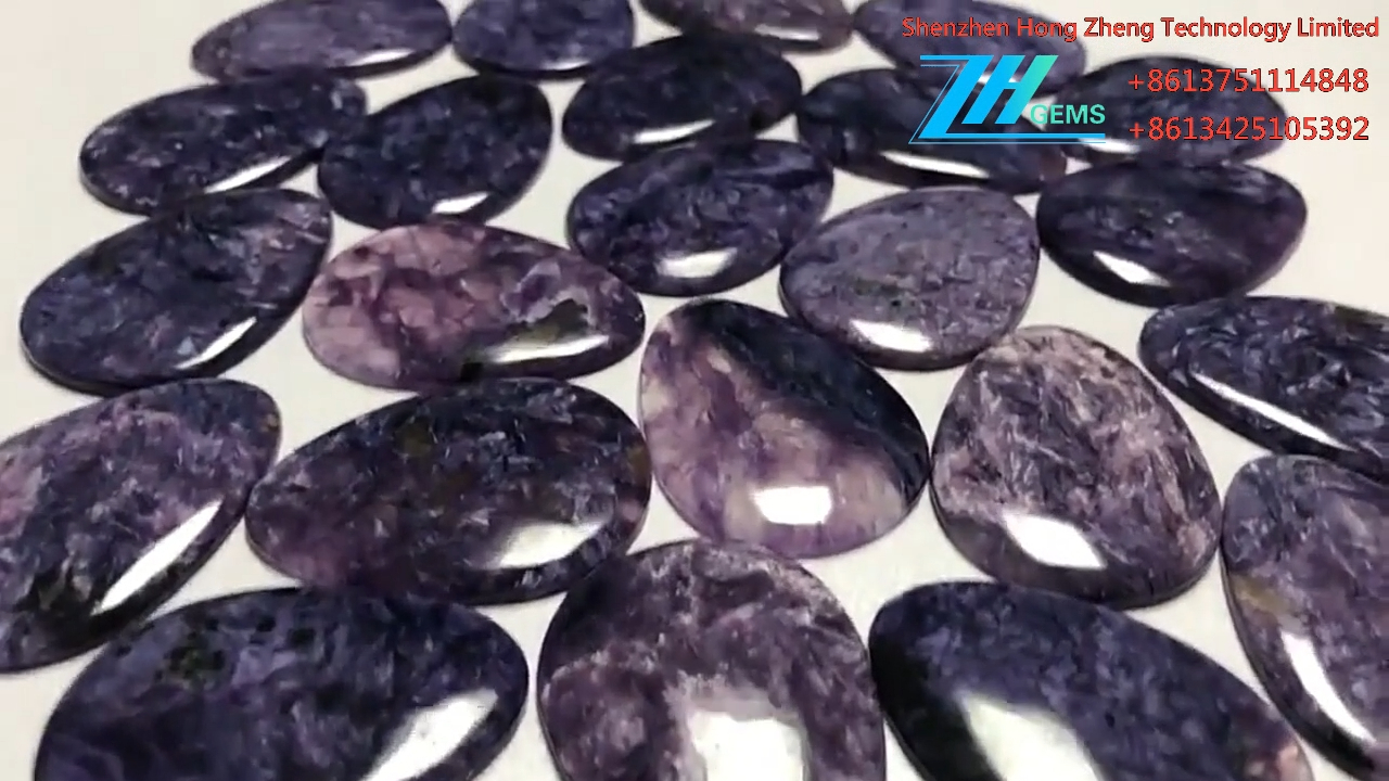 Naturlig päronform Charoite Cabochon lösa ädelstenar med platt rygg 8