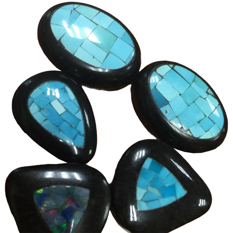 Natural Turquoise obsidian & MOP shell Mosaic cab 15