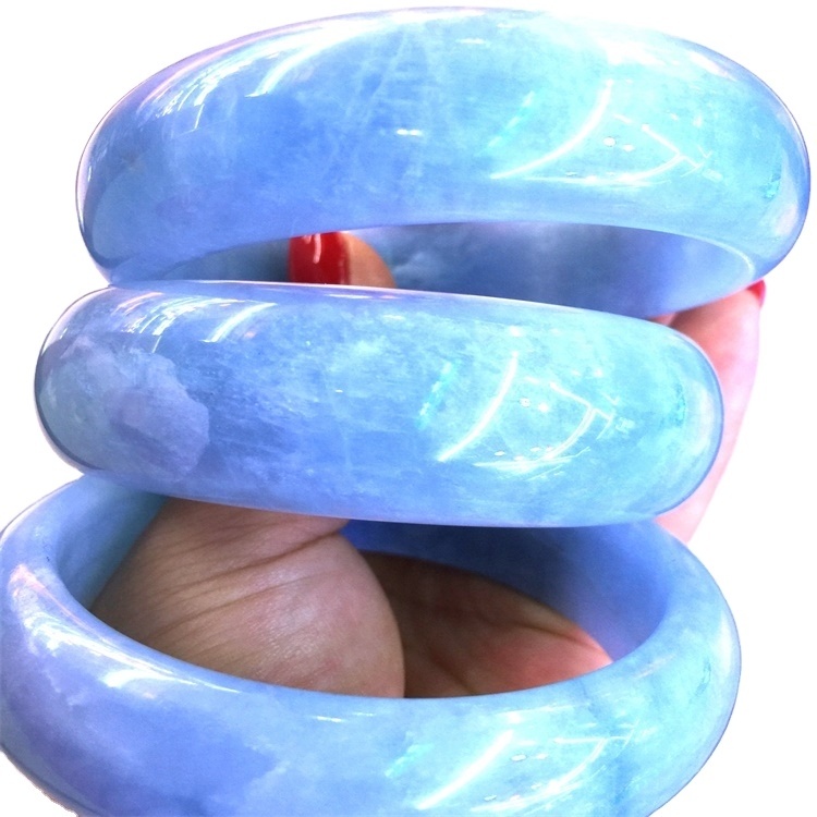 Cel mai mare piatră de piatră prețioasă Lapte Aquamarine Bijuterii Bijuterii 52-64mm Solid natural Aquamarine Bangle Blue cuarț Crystal Round Brățară 15