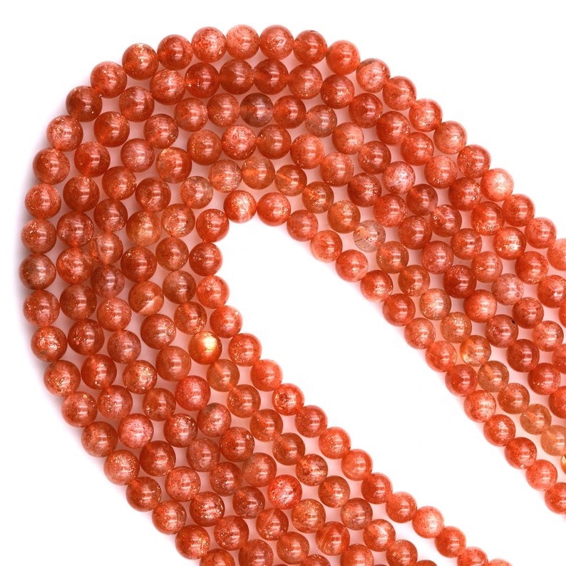 تەبىئىي قۇياش تېشى يۇمىلاق مونچاق Feldspar ئالتۇن پارقىراق ئاپېلسىن قىزىل گۆھەر تاش 11