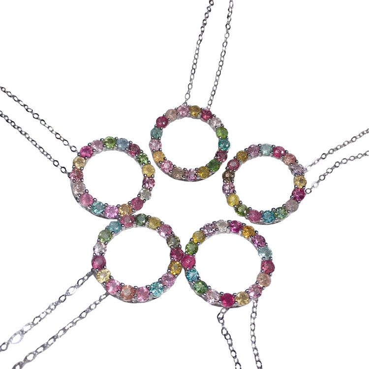 Tự nhiên nhiều màu Tourmaline Vòng cổ Đá quý tự nhiên Vòng tròn cổ điển Mặt dây chuyền Vòng cổ Phụ nữ Trang sức Mỹ 11