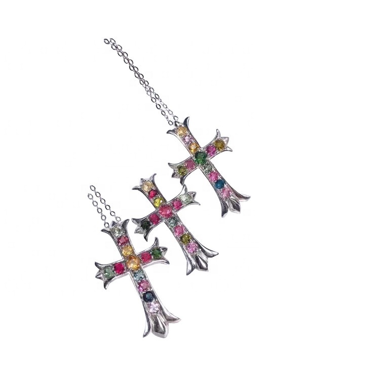 Lady Grace Chain Strand Natural Multicolor Tourmaline Cross Ogrlica Charming Obesek Ogrlica Nakit 9