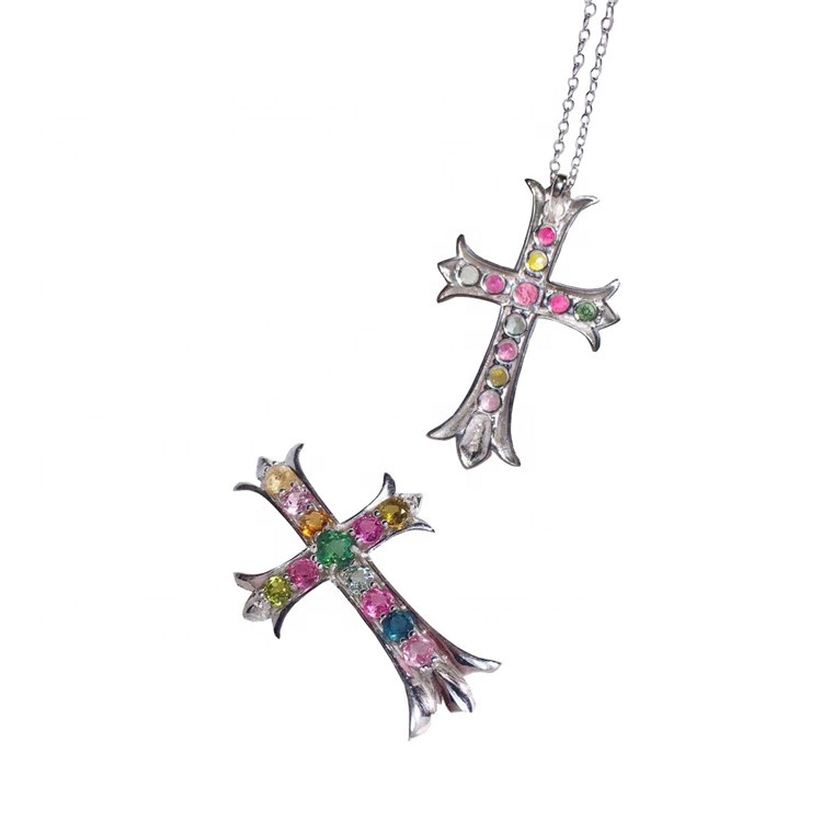 Lady Grace Chain Strand Natural Multicolor Tourmaline Cross Ogrlica Charming Obesek Ogrlica Nakit 17