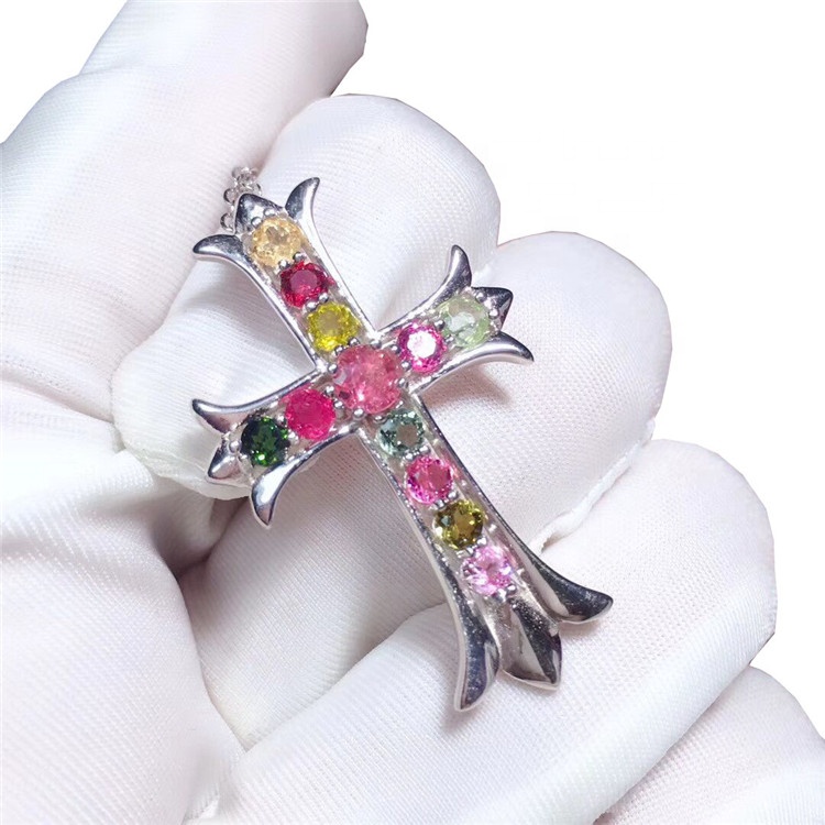 Lady Grace Chain Strand Natural Multicolor Tourmaline Cross Ogrlica Charming Obesek Ogrlica Nakit 13