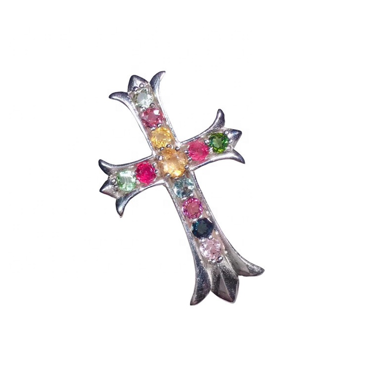 Lady Grace Chain Strand Natural Multicolor Tourmaline Cross Ogrlica Charming Obesek Ogrlica Nakit 15