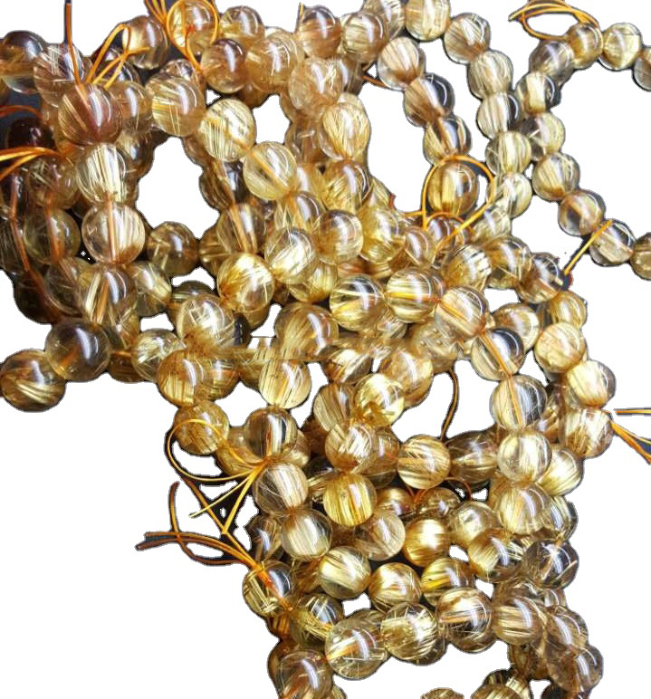 Bracciale con perline rotonde piatte in quarzo rutilato dorato naturale, circa AAA 9