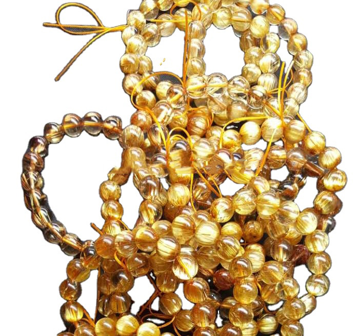 Bracciale con perline rotonde piatte in quarzo rutilato dorato naturale, circa AAA 7