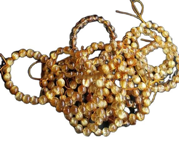Bracciale con perline rotonde piatte in quarzo rutilato dorato naturale, circa AAA 13