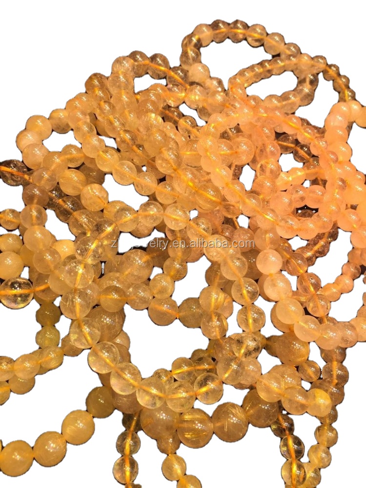 Bracciale con perline rotonde piatte in quarzo rutilato dorato naturale, circa AAA 11