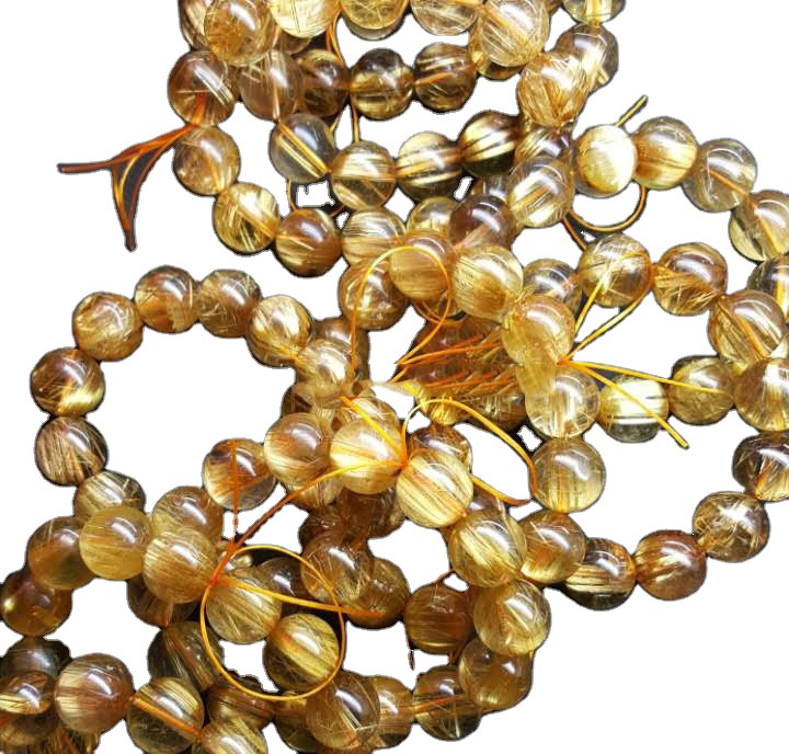 Bracciale con perline rotonde piatte in quarzo rutilato dorato naturale, circa AAA 15